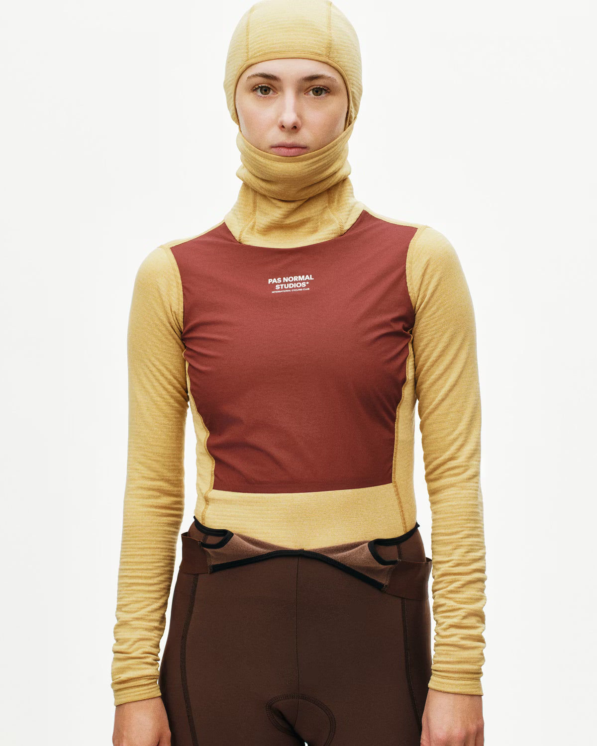 Pas Normal Studios Women's Thermal Hooded Windproof Baselayer- Camel/Marron